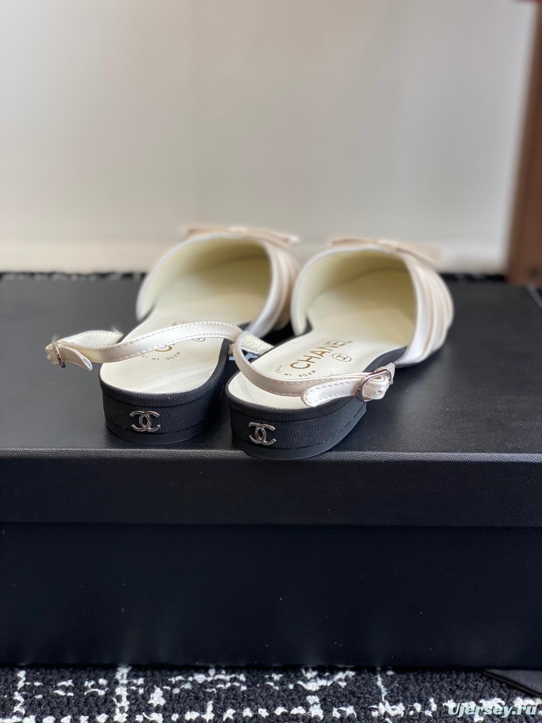 2025 Women Chanel Black Beige Silk Leather Sandals Bow KFY00289