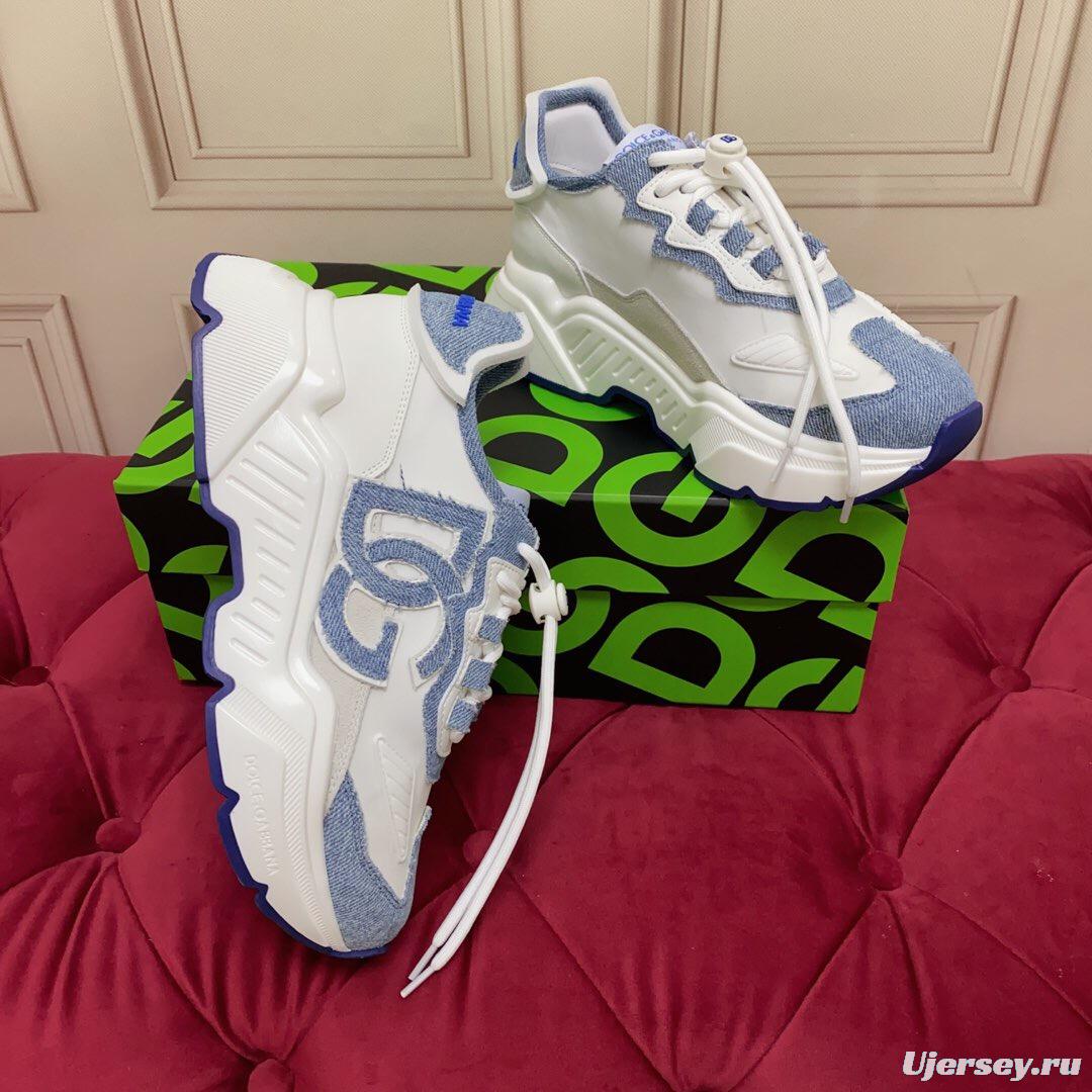 2025 Unisex Dolce & Gabbana White Blue Silk Leather Sneakers Exclusive Craft LY00330(F)/LY00340(M)