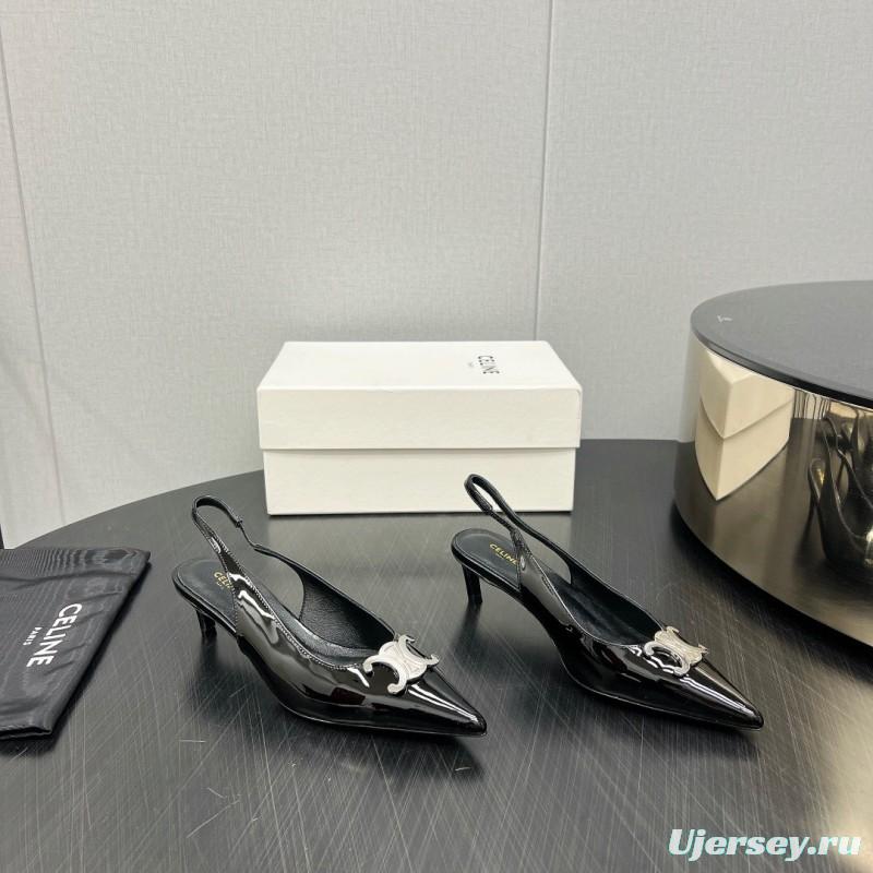 2025 Women Celine Black Patent Leather Slingback Heels KFY00290