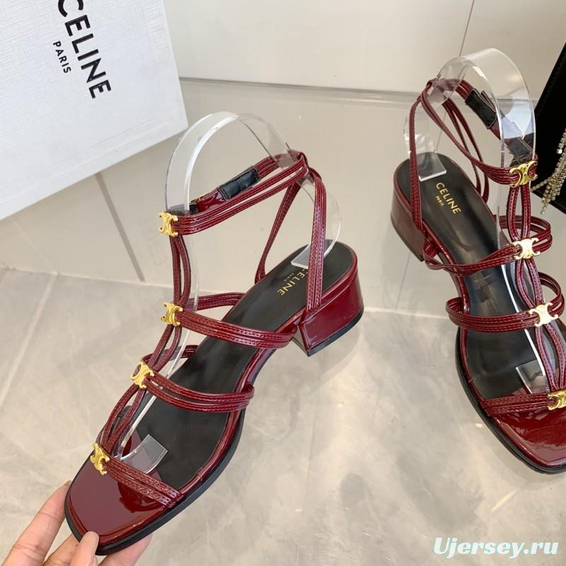 2025 Women Celine Burgundy Patent Leather Sandals KFY00300