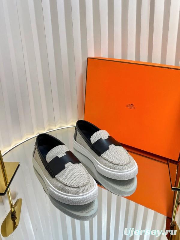 2025 Unisex Hermès Black White Leather Fabric Loafers LY00310(F)/LY00320(M)