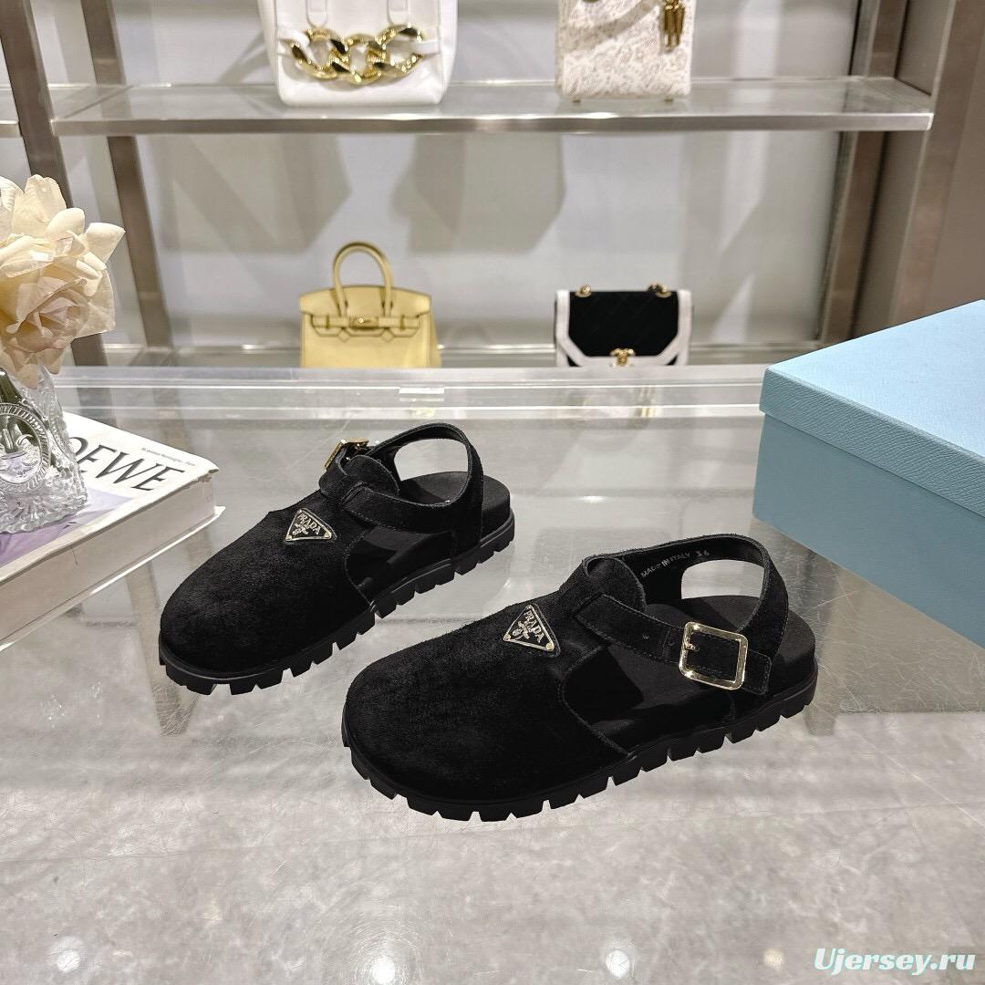 2025 Women Prada Black Suede Sandals LY00270