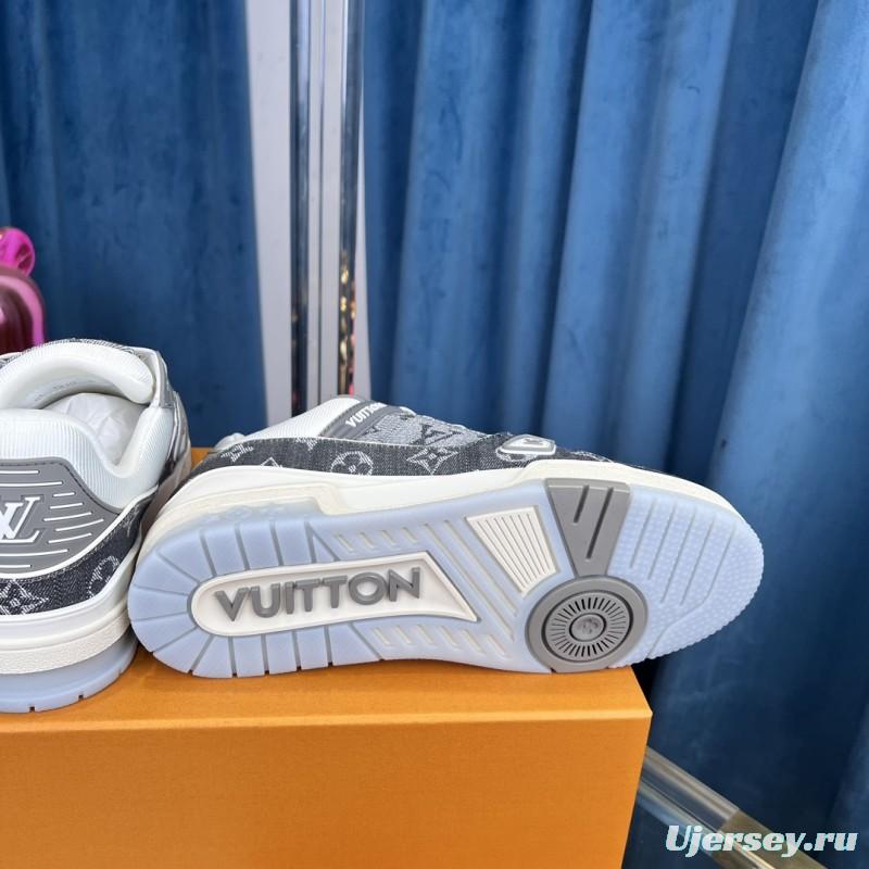 2025 Unisex Louis Vuitton Grey White Fabric Leather Sneakers