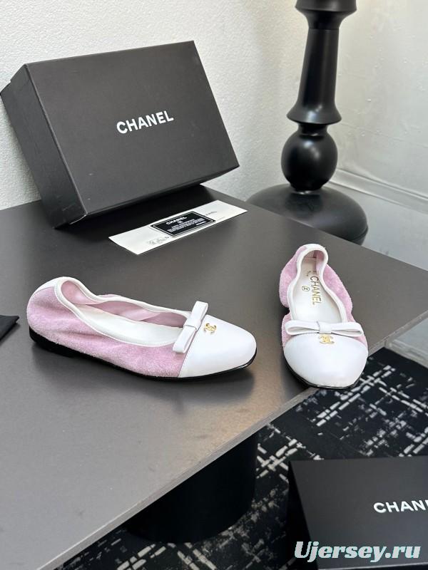 2025 Women CHANEL White Purple Leather Bow Ballet Flats Unisex LY00360(F)