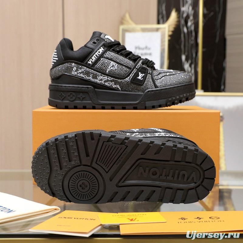 2024 Unisex Louis Vuitton Black Rhinestone Leather LV Trainer Sneakers MJ00430