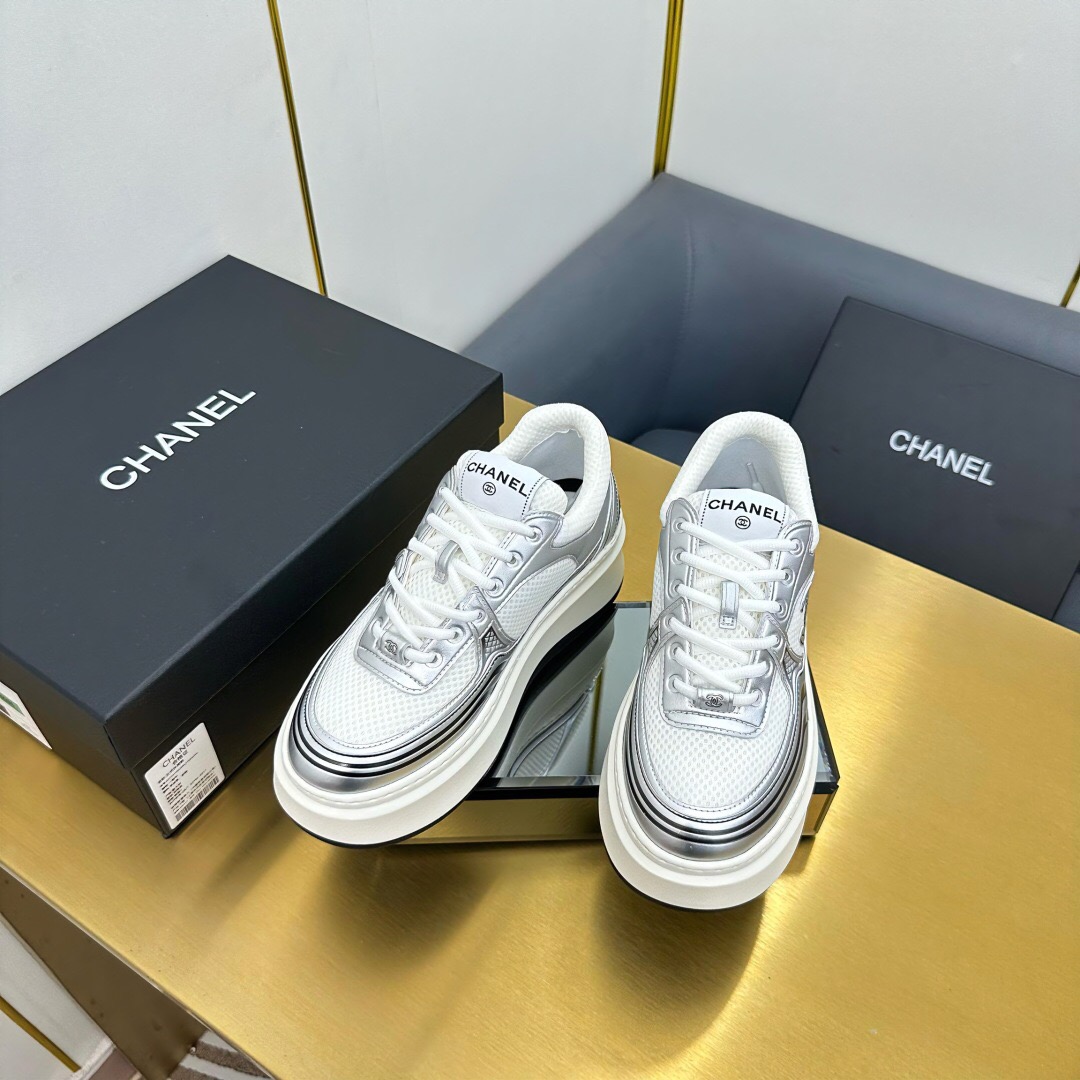 2025 Women Chanel White Silver Leather Mesh Sneakers