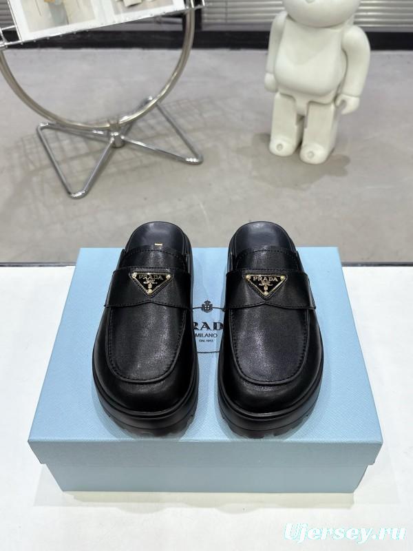 2025 Women Prada Black Leather Loafers