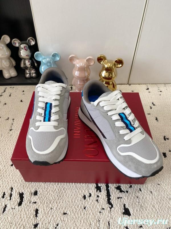 2025 Unisex Valentino Grey Blue White Leather Silk Glossy Running Sneakers LY00340