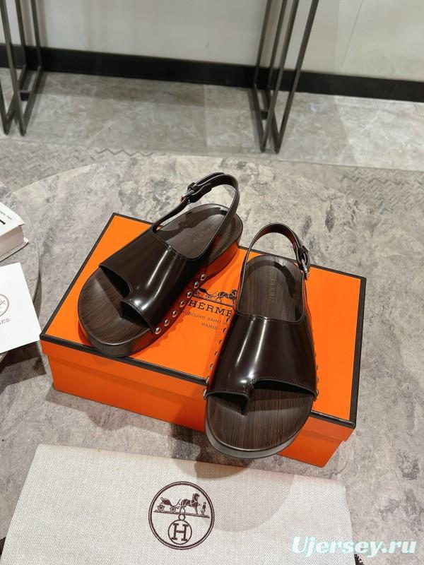 2025 Women Hermès Brown Leather Sandals KFY00250
