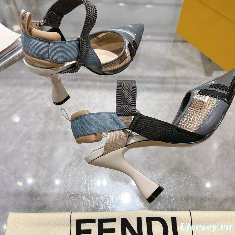 2025 Women Fendi Grey Blue Black Leather Mesh High Heels