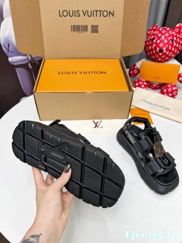 2025 Women Louis Vuitton Black Leather Fabric Sandals LV00310