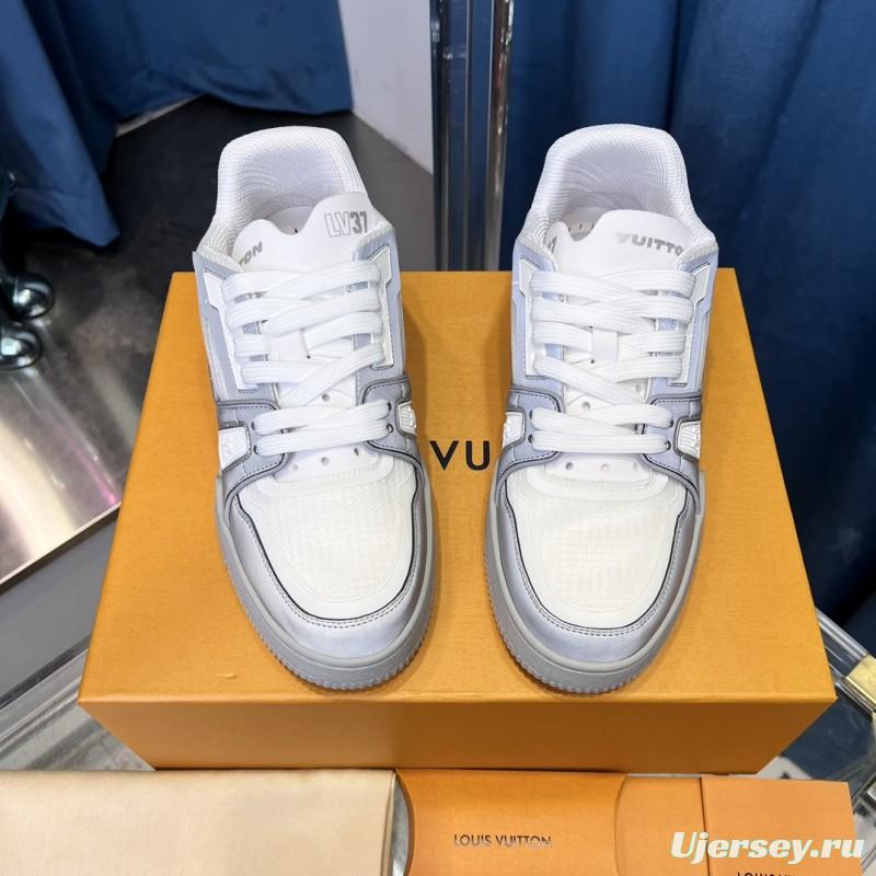 2025 Unisex Louis Vuitton White Light Grey Mesh Leather Trainer