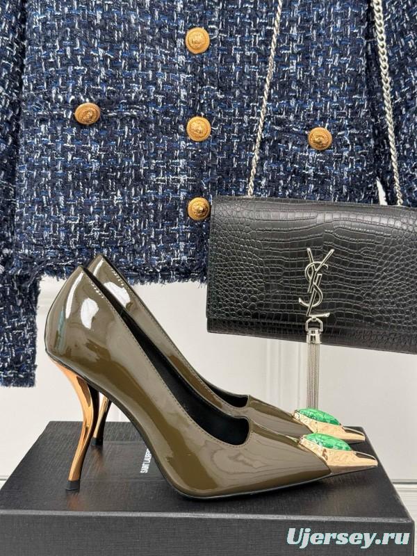 2024 Women Yves Saint Laurent Olive Green Patent Leather High Heel Gemstone MJ00330