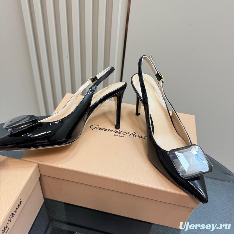 2025 Women Gianvito Rossi Black Patent Leather Slingback Heels KFY00300