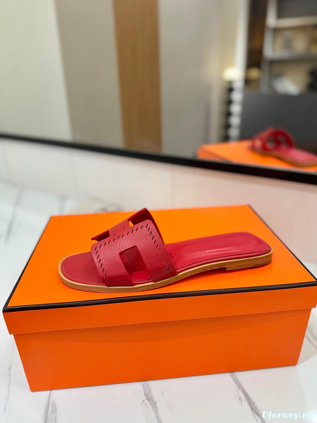 2025 Women Hermès Red Leather Slippers