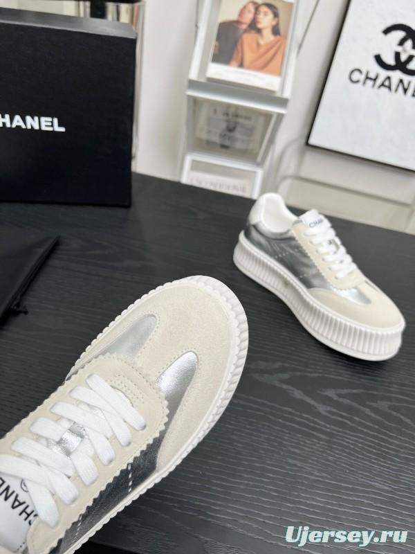 2025 Women Chanel White Silver Suede Leather Sneakers LY00270