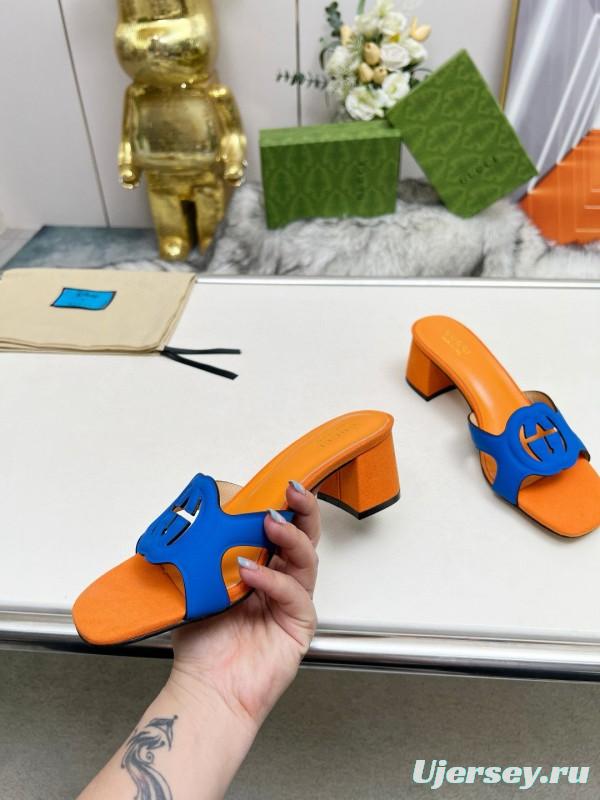 2025 Gucci Orange Blue Leather Slippers