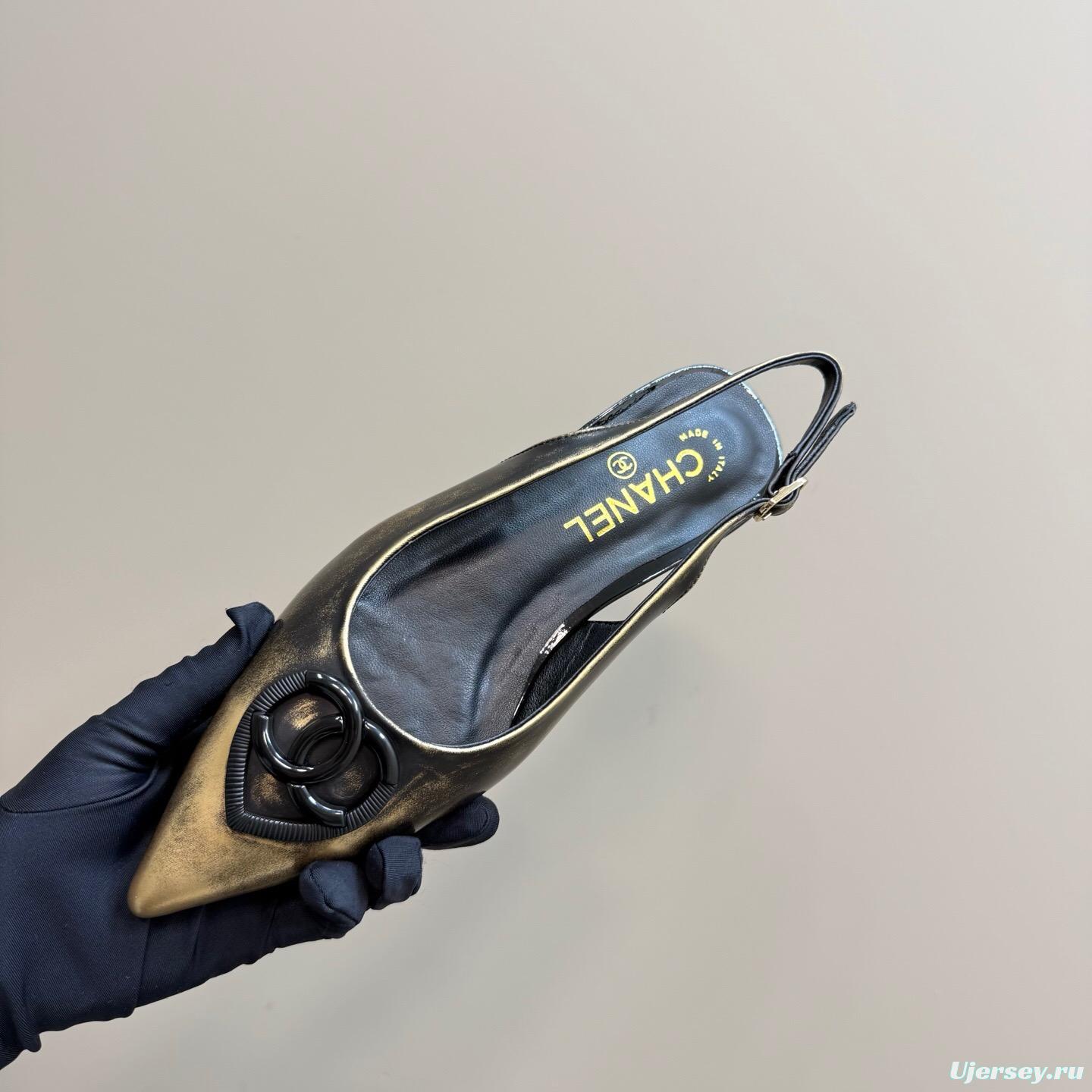 2025 Women Chanel Black Gold Satin Leather Sandals KFY00290