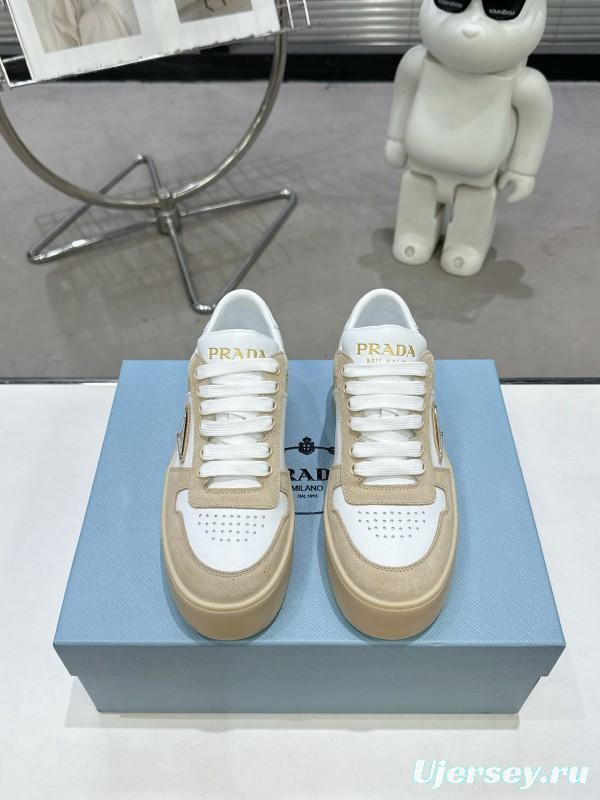 2025 Women Prada White Beige Leather Sneakers