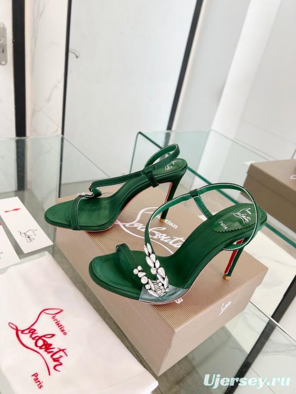 2025 Women Christian Louboutin Green Silk High Heel Crystal Sandal LY00300