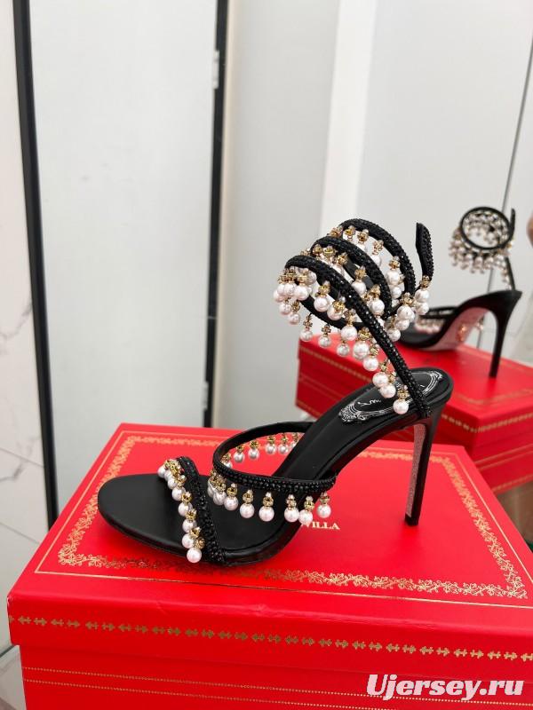 2025 Women RC Black Silk Crystal Pearl High Heel Sandals LY00360