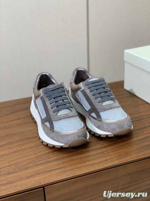 2025 Unisex Brunello Cucinelli Grey Silver Suede Mesh Sneakers