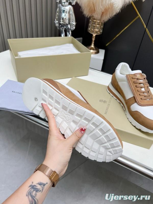 2024 Unisex Brunello Cucinelli White Brown Suede Leather Sneakers MJ00360