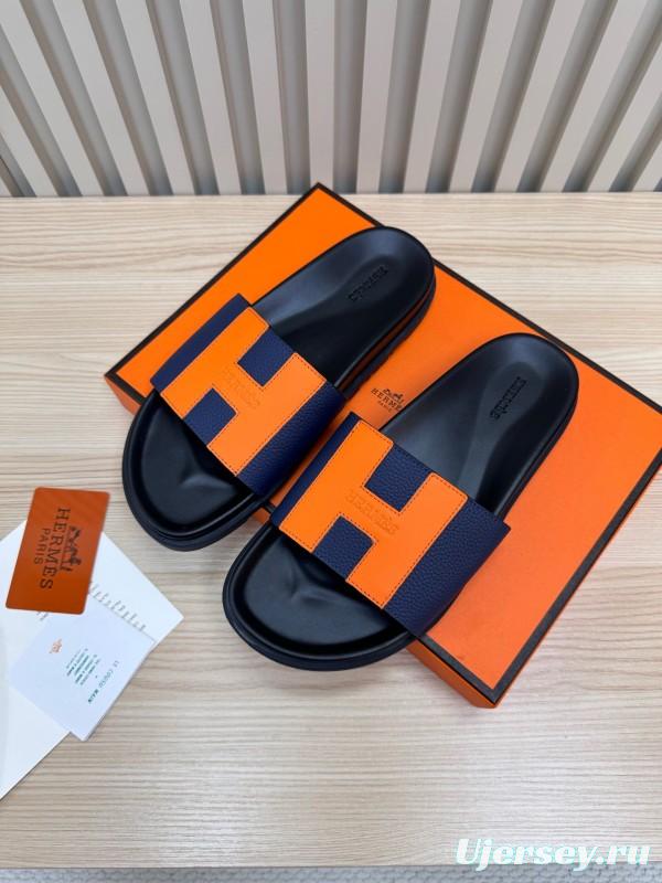 2025 Slippers Hermès Orange Navy Leather Slippers