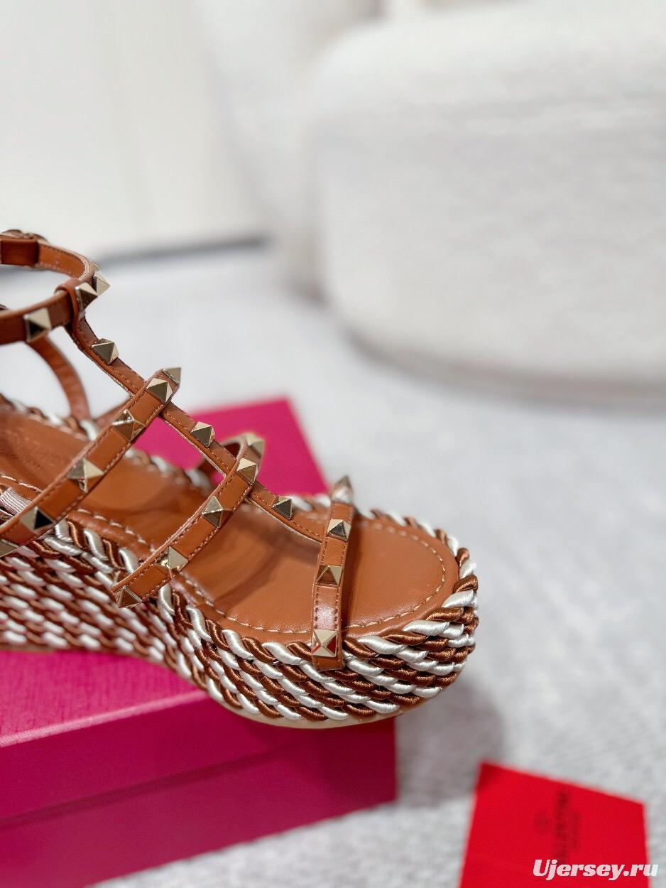 2025 Women Valentino Brown Leather Wedge Sandals Braided Cotton LY00290