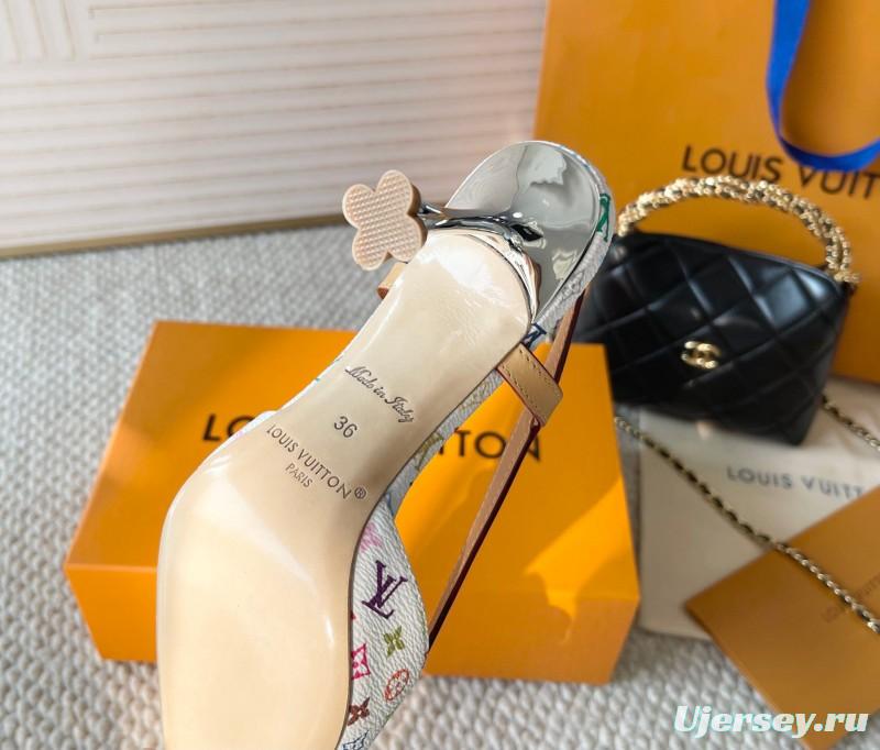 2025 Women Louis Vuitton White Multicolor Canvas Leather Slingback Pumps