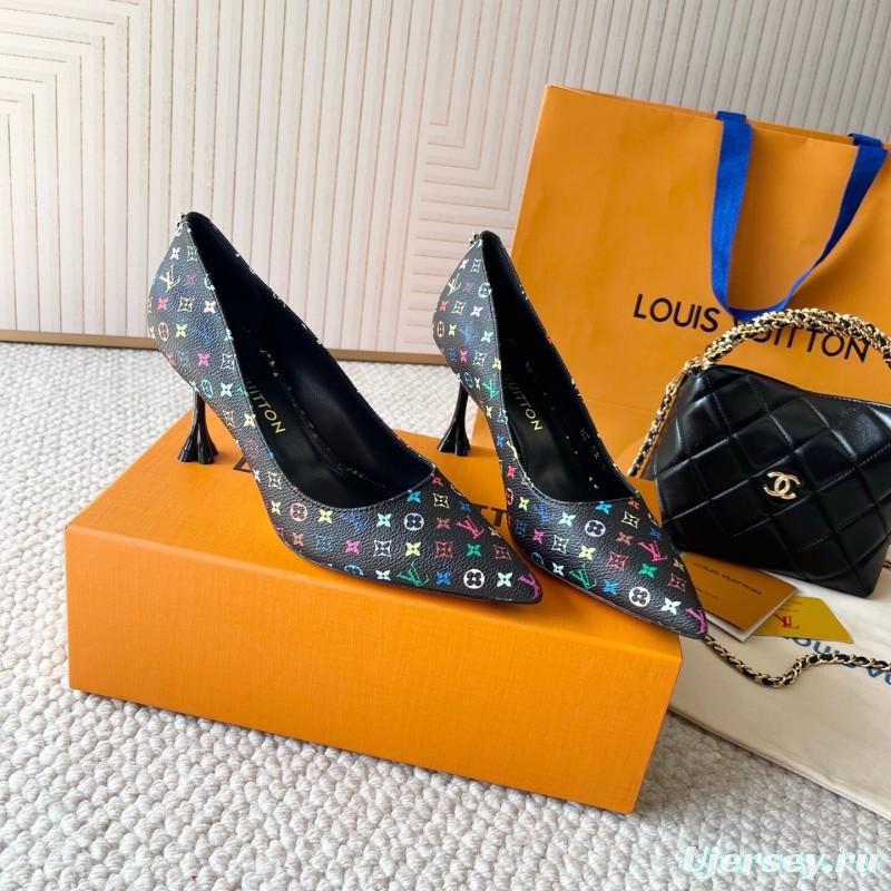 2025 Women Louis Vuitton Multicolor Canvas Leather Pumps