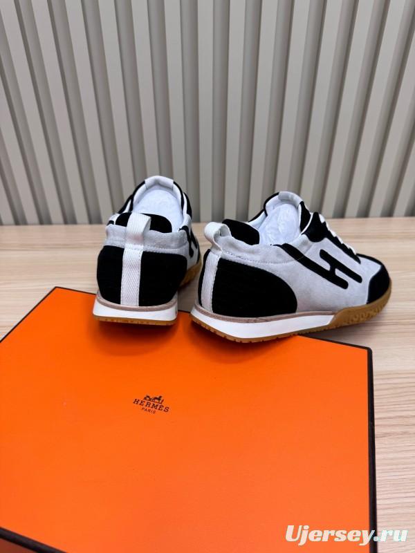 2025 Unisex Hermès Black White Suede Down Fabric Sneakers Top Version KFY00300