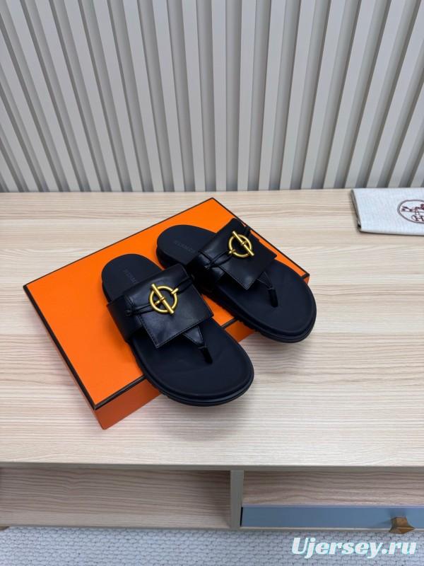 2025 Women Hermès Black Leather Slippers