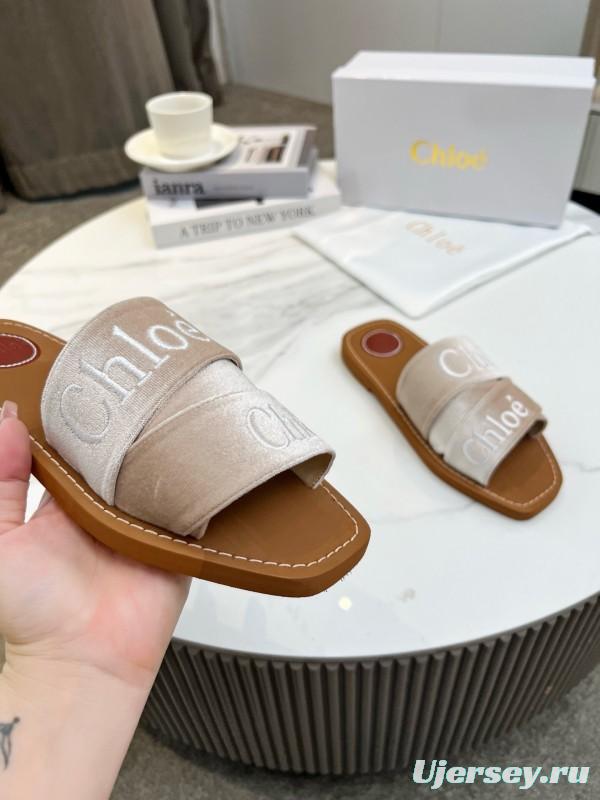 2025 Women Chloé Beige Velvet Slippers LY00200