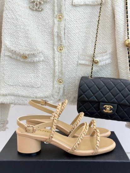 2025 Women Chanel Beige Lambskin Chain Strap Block Heel Sandals