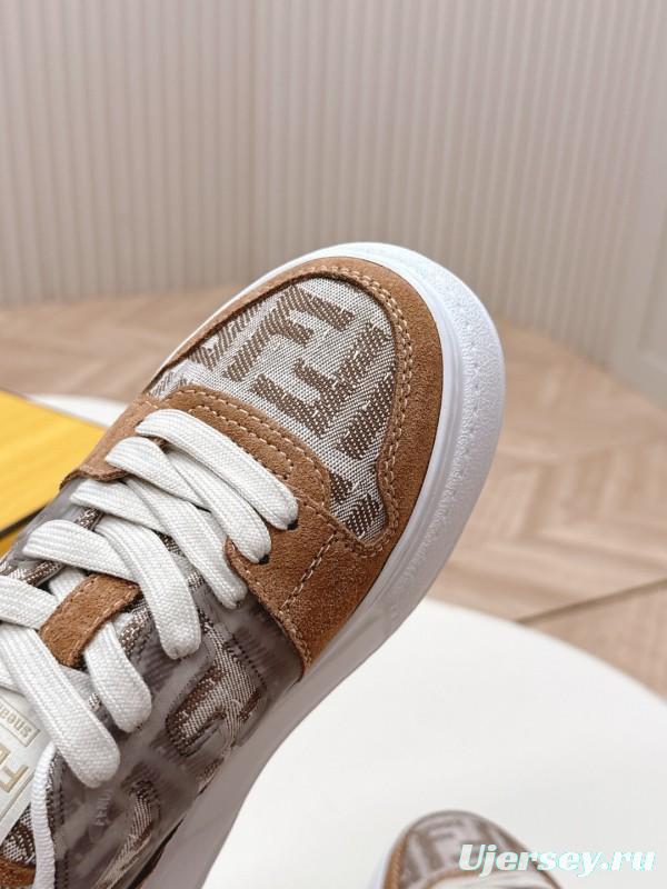 2025 Women Fendi Brown Beige Leather Mesh Sneakers LY00340