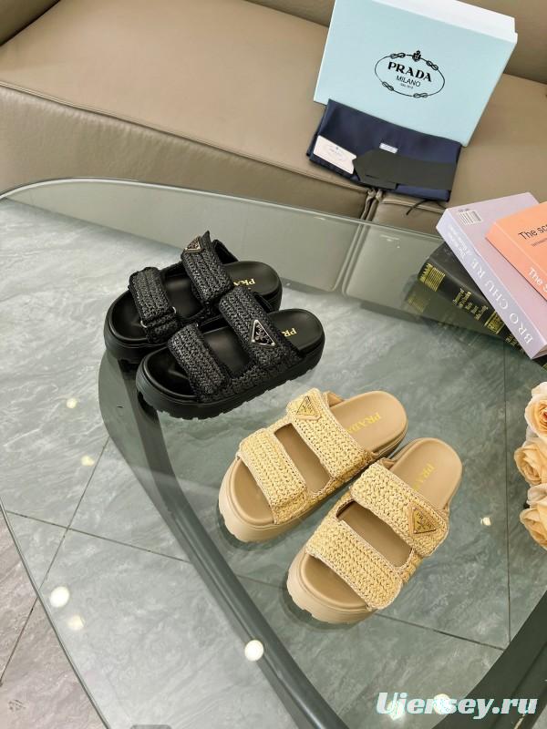 2025 Prada Beige Raffia Slippers LY00290