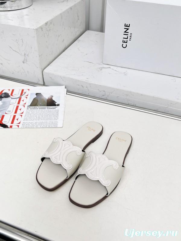 2025 Women Celine White Leather Slippers