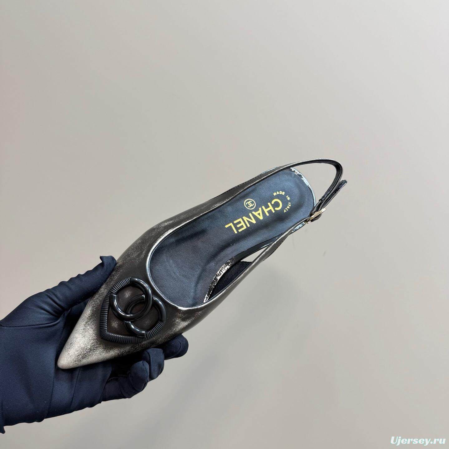 2025 Women Chanel Black Silver Satin Sandals KFY00290