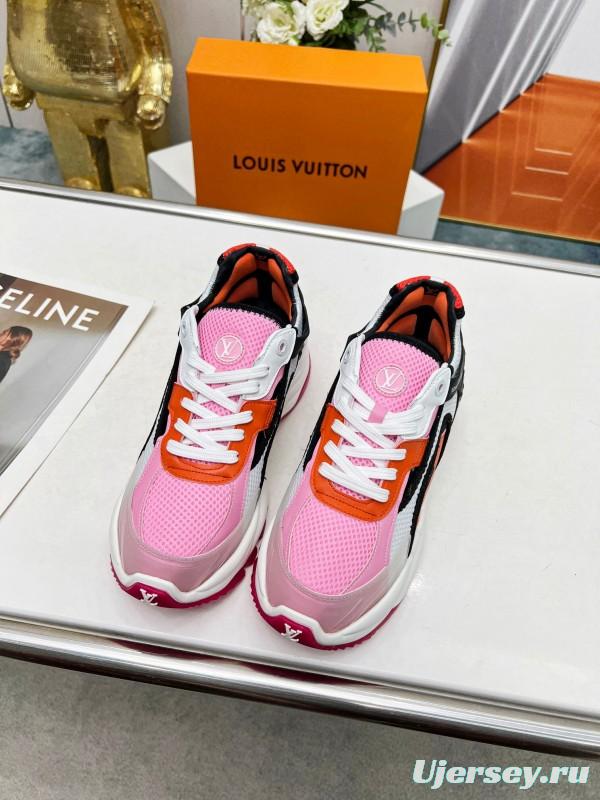 2025 Women Louis Vuitton Pink Orange Black Mesh Leather Sneakers LY00340