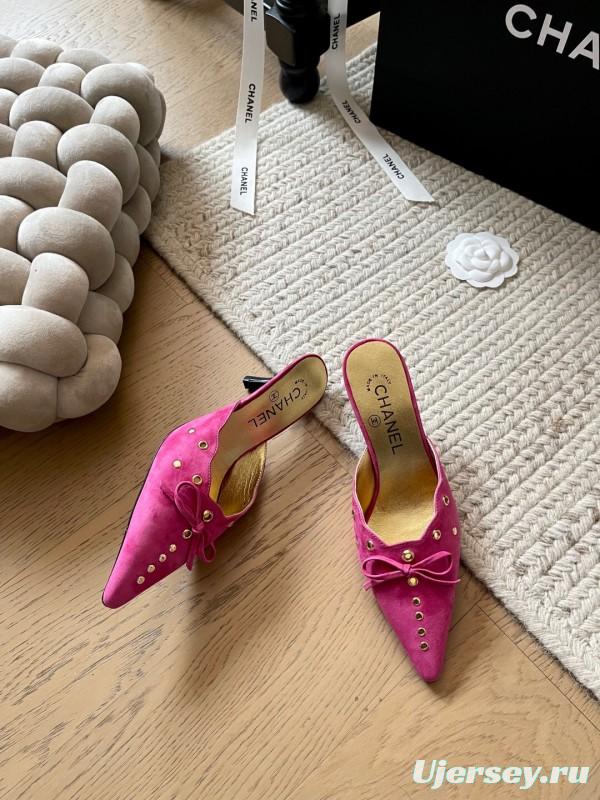 2025 Women Chanel Pink Suede Slip-on Mules KFY00290