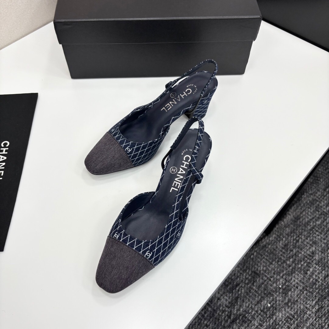 2025 Women Chanel Blue Grey Denim Leather Slingback LY00240