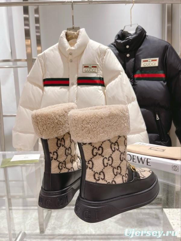2024 Women Gucci beige black leather shearling snow boots MJ00420