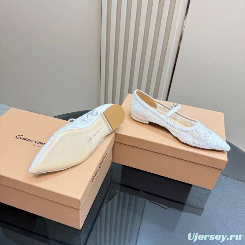 2025 Women Gianvito Rossi White Lace Leather Low Heel Ballerina KFY00260