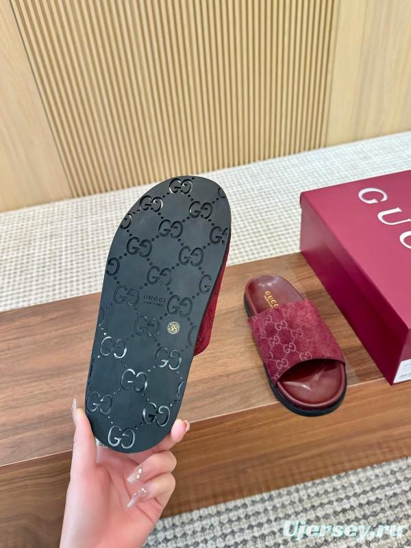 2025 Women Gucci Red Suede Leather Slippers