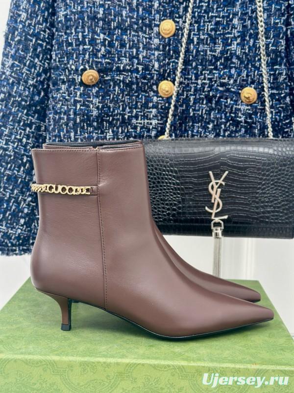 2024 Women Gucci Brown Calfskin Ankle Boots Chain Detail MJ00410