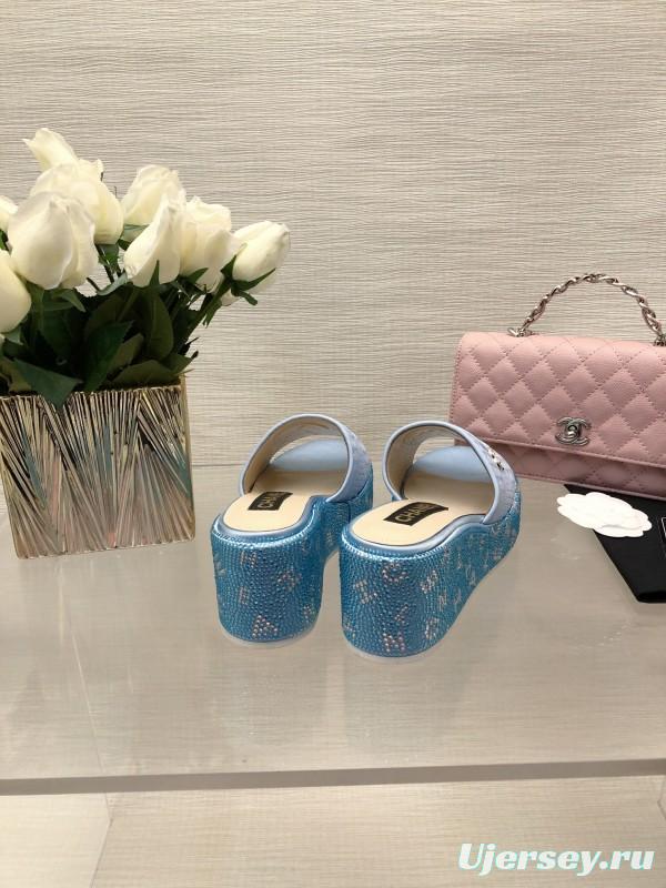 2025 Women Chanel Blue White Fabric Platform Slide Sandals LY00320