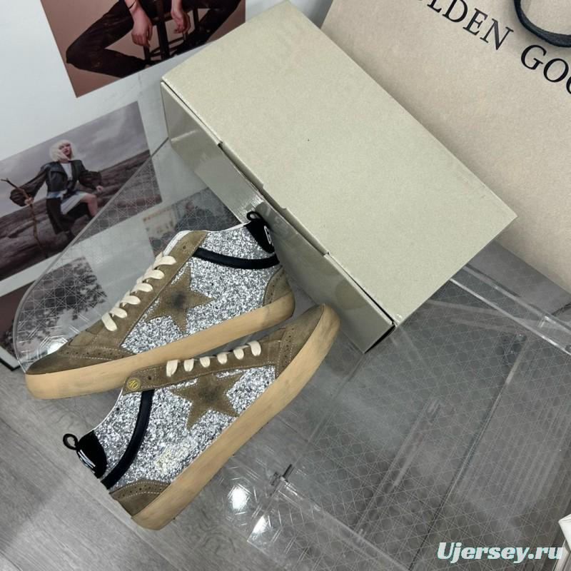 2024 Unisex Golden Goose Deluxe Brand Grey Silver Glitter Suede Leather High-Top Sneakers MJ00300
