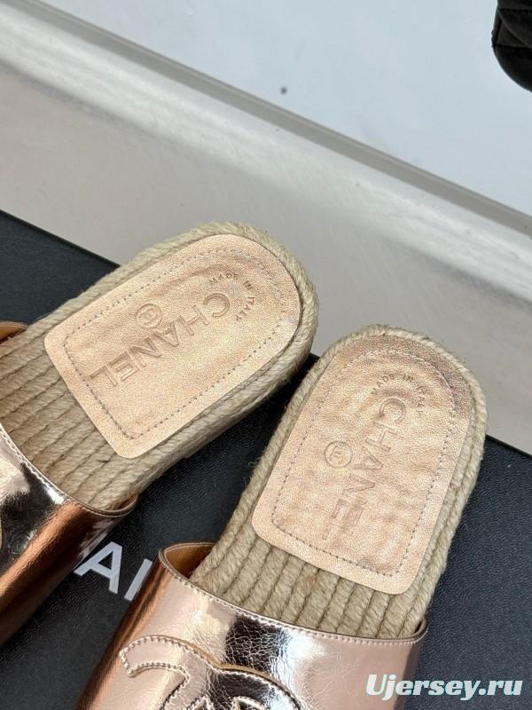2025 Slippers Chanel Rose Gold Leather Women Espadrille Handmade KFY00230