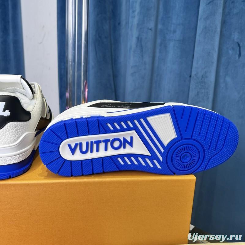 2025 Unisex Louis Vuitton Black White Blue Leather Plimsolls Stitching LV Trainer